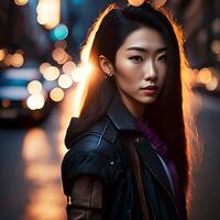 magnifique asiatique femme à le rue, génératif art par ai photo