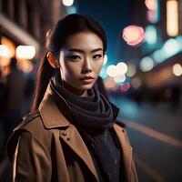 magnifique asiatique femme à le rue, génératif art par ai photo