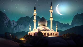 mosquée silhouette dans nuit ciel avec croissant lune et étoile. génératif ai. photo