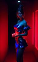 magnifique asiatique femme avec mixte Couleur bleu et rouge lumière, génératif ai photo