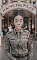 magnifique asiatique Thaïlande police femme à rue, génératif ai photo