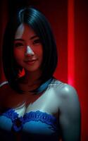 magnifique asiatique femme avec mixte Couleur bleu et rouge lumière, génératif ai photo