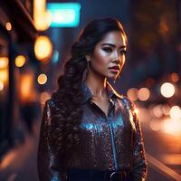 magnifique Latin femme à le rue nuit lumière, génératif art par ai photo