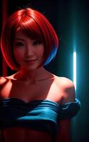 magnifique asiatique femme avec mixte Couleur bleu et rouge lumière, génératif ai photo