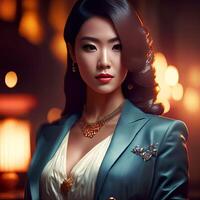 magnifique asiatique femme à le nuit faire la fête, génératif art par ai photo