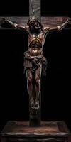 en bois crucifix, avec détail de Jésus Christ sur bois sculpture sur noir Contexte. fond d'écran. ai généré photo