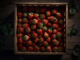 des fraises dans en bois conteneurs, récolte des centaines de des fraises. fonds d'écran. génératif ai photo