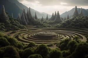 une numérique La peinture de une spirale Labyrinthe dans le milieu de une forêt. ai généré photo