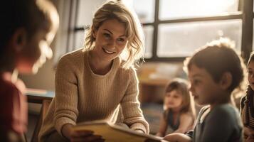 une mère et sa les enfants sont en train de lire une livre ensemble. ai généré photo