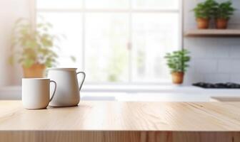 ai génératif. vide en bois table dans de face de flou cuisine Contexte photo