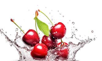 ai génératif. rouge cerises sur l'eau éclaboussure photo