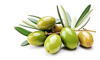 ai génératif. vert Olives avec feuilles sur blanc photo