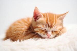 ai génératif. mignonne rouge chaton dort sur blanc couverture photo