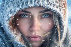portrait, aux cheveux blonds fille avec bleu yeux dans une encapuchonné hiver avec neige. génératif ai photo
