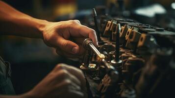 fermer mains de mécanicien travail sur machinerie, concept pour entretien et entretien. génératif ai. photo