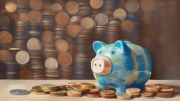 une bleu porcin banque alentours empiler de coloré pièces de monnaie empiler illustration. génératif ai. photo