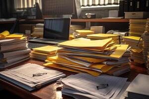 pile de formalités administratives ou inachevé les documents empilés sur Bureau bureau avec ordinateur. établi par génératif ai technologie. photo