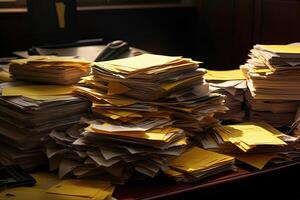 piles de formalités administratives ou inachevé document, des dossiers sur une bureau, lourd charge de travail. génératif ai. photo
