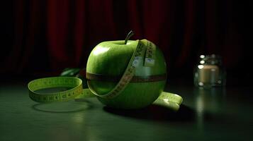 une vert Pomme à côté de bar de mesure ruban et pot contre rouge rideaux Contexte. génératif ai. photo