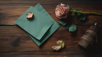 aérien vue de vieux lettre enveloppe avec Rose fleur et boisson bouteille sur marron en bois tableau. génératif ai. photo