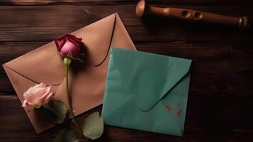 aérien vue de vieux lettre enveloppe avec des roses et timbre sur marron en bois tableau. génératif ai. photo