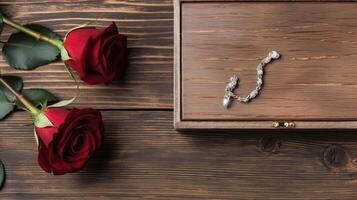 fermer de en bois cadeau boîte avec rouge des roses et bijoux élément sur marron rustique table Haut. génératif ai. photo