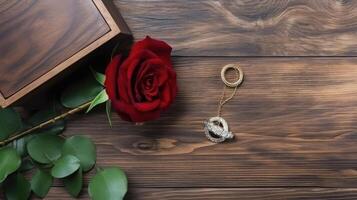 fermer de en bois cadeau boîte avec rouge Rose et bijoux élément sur marron rustique table Haut. génératif ai. photo