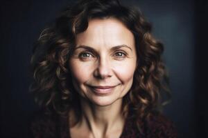 portrait de une femme avec foncé cheveux dans sa 50 ans, studio lumière. génératif ai photo