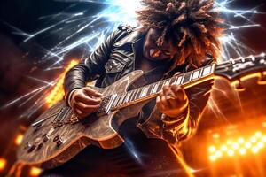 Roche guitariste, métal rock star en jouant guitare avec foudre sur le cordes. génératif ai photo