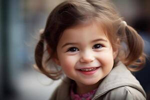 portrait de une joyeux souriant peu fille. génératif ai photo