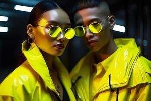 asiatique à la mode jeunesse dans brillant Jaune vestes et des lunettes de soleil. génératif ai photo