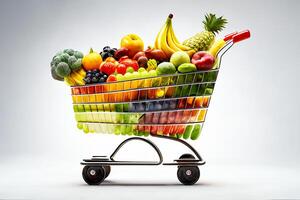 une supermarché Chariot plein de différent des fruits et des légumes. blanc Contexte génératif ai photo