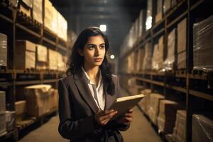 Indien femme d'affaires avec une tablette dans sa mains dans de face de une Distribution entrepôt. génératif ai photo