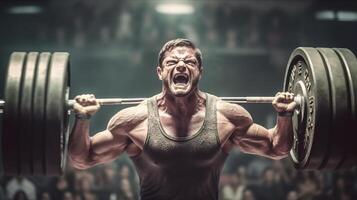 musculation, une fort homme volonté ascenseur une lourd haltère dans le salle de sport. génératif ai photo