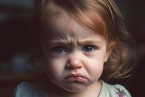 portrait de une mécontent peu fille qui est offensé. génératif ai photo