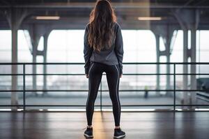 sportif athlétique fille dans leggings, arrière voir. génératif ai photo