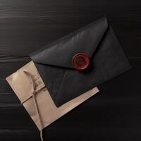 aérien vue de rouge scellé noir et marron vieux lettre enveloppe sur en bois Contexte. génératif ai. photo