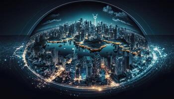 global réseau lien plus de futuriste intelligent ville. panoramique aérien paysage urbain, génératif ai numérique illustration. photo