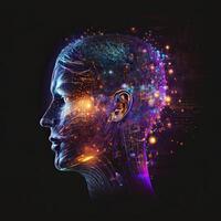 artificiel intelligence dans humanoïde tête avec neural réseau, numérique cerveau apprentissage En traitement gros données. visage de cyber esprit. génératif ai technologie. photo