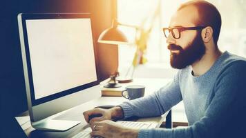 côté vue de lunettes et formel portant Jeune homme d'affaire en utilisant clavier avec ordinateur sur bureau dans brillant chambre. génératif ai illustration. photo