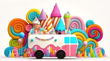 bonbons un camion boutique, coloré, 3d, génératif ai. photo