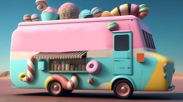 bonbons un camion boutique, coloré, 3d, génératif ai. photo