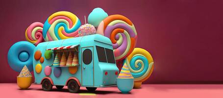 bonbons un camion boutique, coloré, 3d, génératif ai. photo