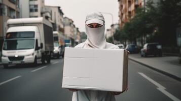 portrait de livraison homme en portant blanc papier carton boîte sur rue, travail pour courrier entreprise. génératif ai. photo