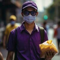 portrait de livraison garçon dans des lunettes de soleil avec protecteur masque, en portant nourriture paquet. travail pour courrier service. génératif ai. photo