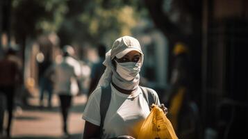 portrait de africain livraison fille porter nourriture paquet dans protecteur masque, travail pour courrier service, génératif ai. photo