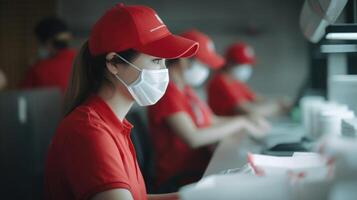 côté vue groupe de livraison les filles portant rouge T-shirt avec médical masque pendant travail à lieu de travail. génératif ai. photo