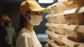 côté fermer Regardez de livraison fille portant uniforme et médical masque, empiler de papier carton des boites dans entrepôt, génératif ai. photo