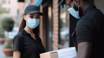 fermer portrait de livraison des employés Masculin et femelle dans uniforme et médical masque, travail pour courrier service. génératif ai. photo