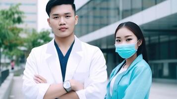 portrait de Jeune asiatique Masculin et femelle médecin permanent dans hôpital dehors, génératif ai. photo